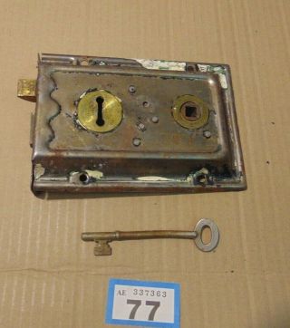 Antique Brass And Steel Duel Handled Rim Door Lock With Key 77