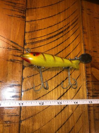 Vintage Heddon Dowagiac Spook Fishing Lure Perch Scale Gold Eyes Tough
