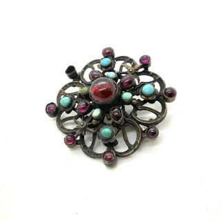 Antique Austro - Hungarian Sterling Silver Turquoise And Garnet Brooch 96