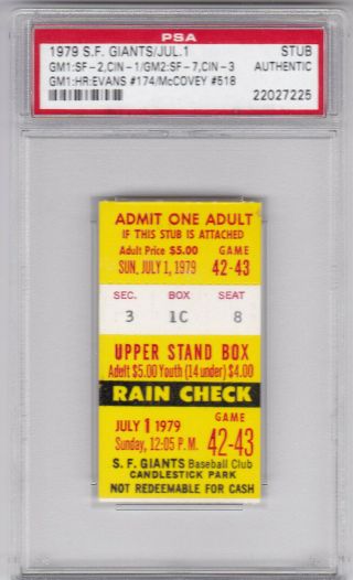 Vintage 7/1/1979 Reds At Giants Psa Authentic Ticket Willie Mccovey Hr 518