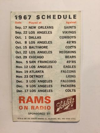 Vintage 1967 NFL Los Angeles Rams Pocket Schedule - - On Radio - - Schlitz Sponsor 2