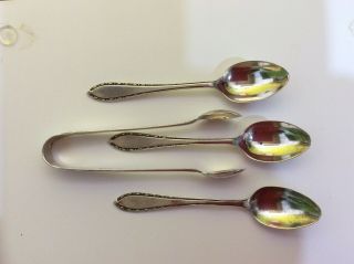 Trio Of Solid Silver Coffee Spoons And Matching Sugar Tongs.  Arthur Price 1927