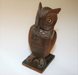 Vintage Black Forest Carved Wood Owl Bird Figurine Statue 4.  5in High