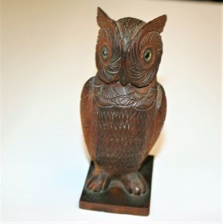 Vintage Black Forest Carved Wood Owl Bird Figurine Statue 4.  5in High 3
