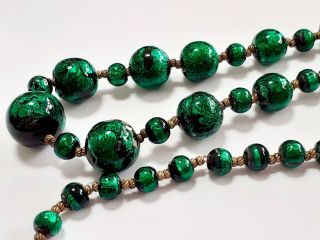 Antique / Vintage Green Foiled Glass Bead 30 Inch Necklace