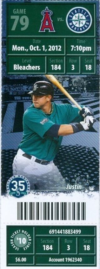 2012 Mariners Vs Angels Ticket: Mike Trout 4 Hits - Double,  Triple 2 Runs 3 Rbis