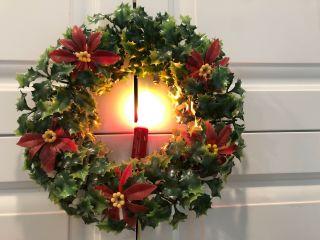 Vintage Plastic Holly Poinsettia Wreath With Lighted Candle Made In Hong Kong