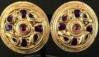 Vintage Gold Tone Clip Round Earrings With Blue Pink Stones Gold