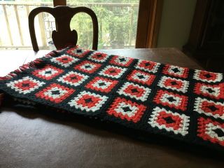 Vintage Crochet Granny Square Afghan Throw Handmade 68 " X 44” Red,  White & Navy