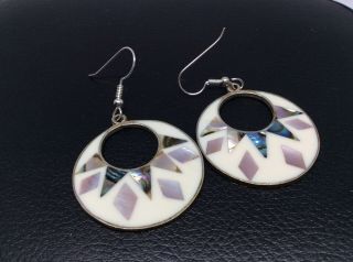 Vtg.  Alpaca Mexico White Enamel Abalone & Shell Inlay Large Round Drop Earrings