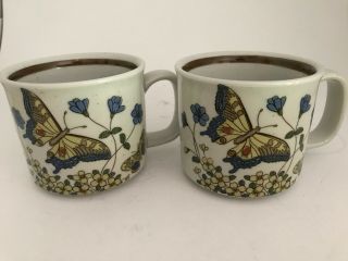 Vintage Set Of 2 Stoneware Coffee Mug/cups Butterfly And Flowers