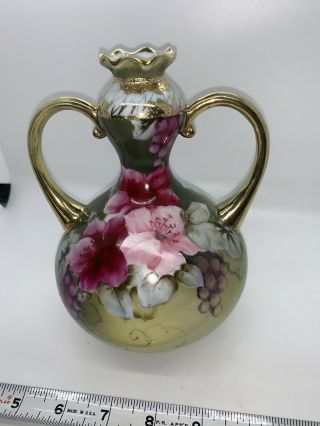 Antique Nippon Double Handled Moriage Vase Handpainted Flower Grapes Maple Leaf