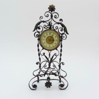 Antique French Wrought Metal Mantle Clock With Enamel Face,  19th Century