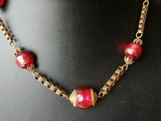 Vintage Jewellery Goldtone And Red Foil Glass Antique Necklace