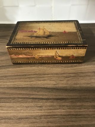 Antique Small Wooden Book Puzzle Box Hidden Secret Drawer Featuring Boats