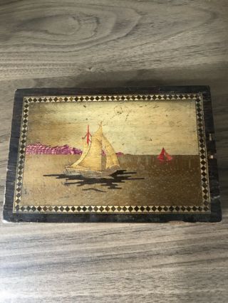 Antique Small Wooden Book Puzzle Box Hidden Secret Drawer Featuring Boats 2
