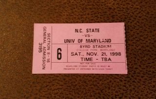 Maryland Terrapins North Carolina State Wolfpack Football Ticket Stub 11/21 1998