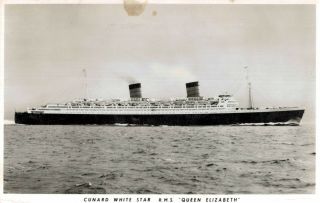 Rppc,  R.  M.  S.  Queen Elizabeth,  2 - Stack Ocean Liner,  Postcard,  Cunard Line,  1950