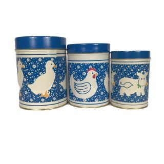 3 Vintage Kitchen Tin Canisters Blue White Duck Chicken Cow Country Farm Decor