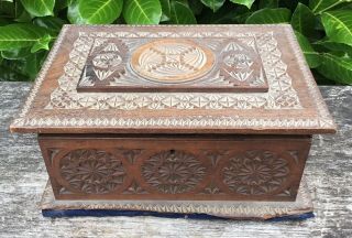 Old Vintage Folk Art Geometric Design Carved Wooden Box Keepsake Box