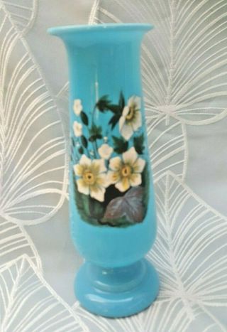 Antique Bohemian Czech Harrach Blue Opaline Glass Vase With Hand Painted Flower
