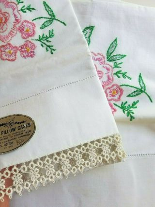 (2) Vintage Off White Embroidered Peony Tatted Lace Edge Pillowcases Nos