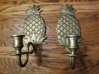 Set Of 2 Vintage Brass Pineapple Wall Sconce Candle Holders 8 " Patina