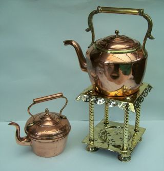 2 X Antique Copper Kettles,  Victorian Brass Trivet Stand