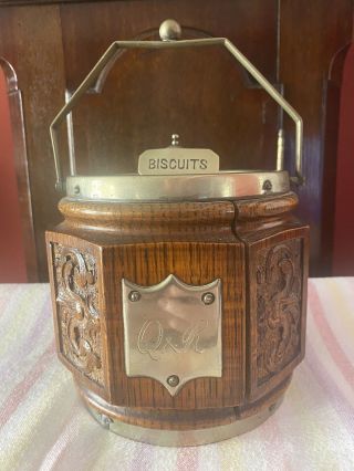 Art Nouveau Oak & Silver Plated Biscuit Barrel