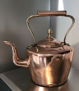 Large Antique Victorian Dovetail Seam Copper & Brass Kettle 8 Pint Watertight