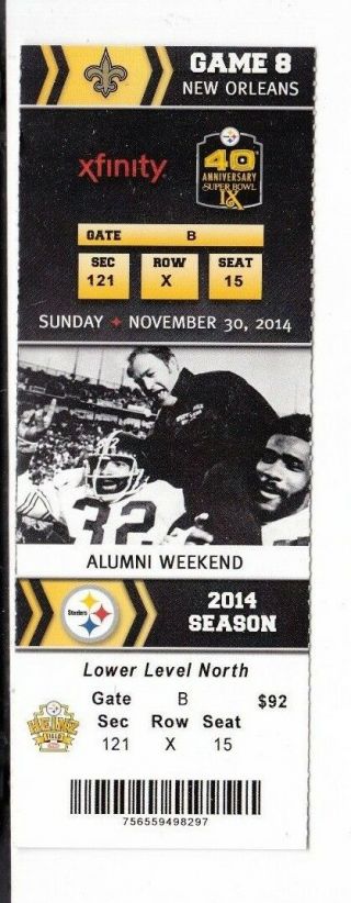 2014 Pittsburgh Steelers Vs Orleans Saints Ticket Stub 11/30/14 Alumni Game