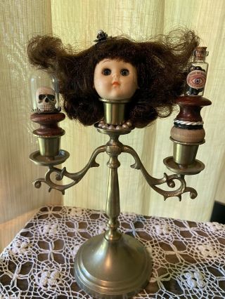Oddities Creepy Doll Head On Vintage Candlestick Holder 12” Gothic Halloween