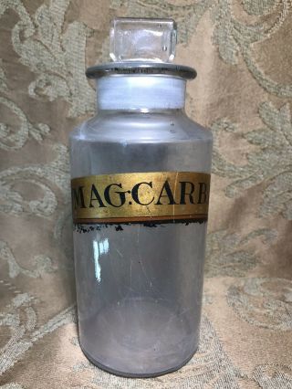 7.  5 " Antique Apothecary Bottle Jar Painted Label: Mag: Carb: L: