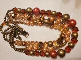 Vintage 3 Strand Glass Crystal Metal Mixed Color/ Bead Necklace 22  Gold Tone