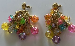 Vintage Lucite Multicolor Dangling Long Clip Earrings