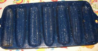 Vintage Blue Speckled Enamel Cast Iron Crispy Corn Bread Stick Pan