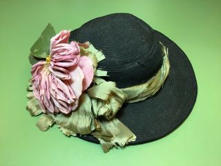 Antique Black Straw Doll Hat With Silk Trim