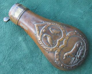 19th Century Copper Antique Powder Flask Hunting Dog & Game Birds
