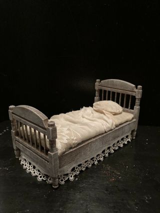 Miniature Dollhouse Artisan Hand Made Vintage Salt Bag Material Bed 1/12 Scale