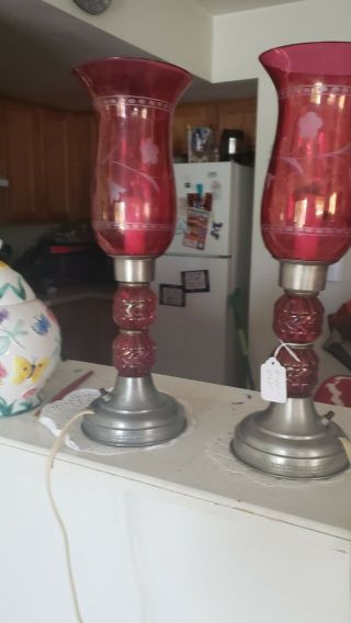 Vintage Cranberry Etched Glass Hurricane Lamps Floral Clear Glass Bases