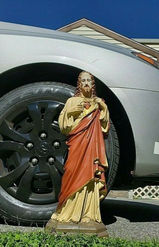 Antique Large Sacred Heart Of Jesus Catholic Religious Chalkware Statue