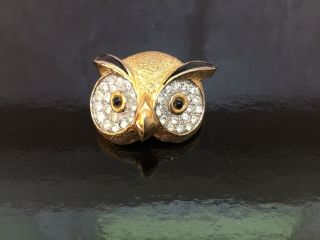 Vintage Jomaz Owl Head,  Gold Plated,  Black Enamel,  Pave Rhinestone Brooch Pin