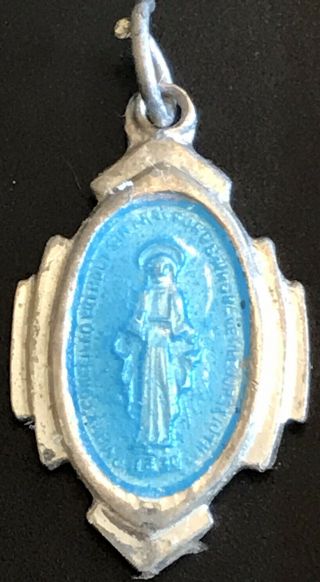 Vintage Catholic Sterling Silver Miraculous Mary Blue Enamel Religious Medal
