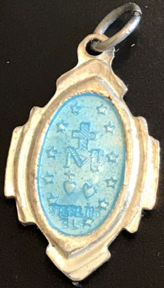 Vintage Catholic Sterling Silver Miraculous Mary Blue Enamel Religious Medal 3