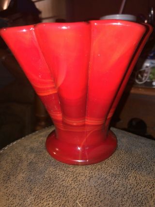 Vintage Ruby Red Cranberry Art Glass Vase Ruffled Top 5” Wide Mouth
