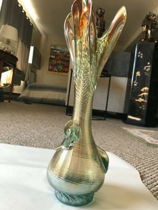 Large 15 " Vintage/ Antique Carnival Glass Hurricane/ Ribbed Vase Applied Flowers