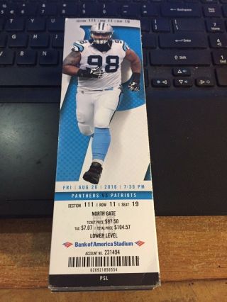 2016 Carolina Panthers Vs England Patriots Ticket Stub Nfl 8/28 Tom Brady