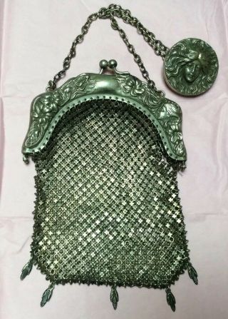 Antique Victorian German Silver Metal Mesh Chatelaine Purse Bag
