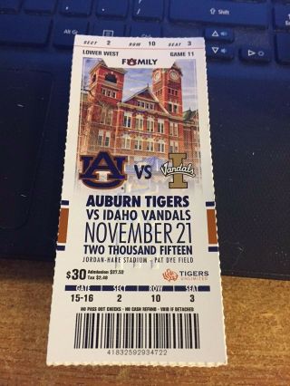 2015 Auburn Tigers Vs Idaho Vandals Ticket Stub College Football 11/21