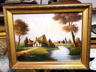 Antique Dutch Landscape Oil On Canvas Signed Frame Piece